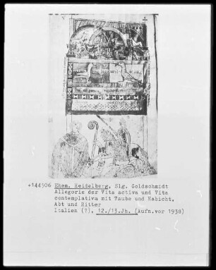 Allegorie der Vita activa und Vita contemplativa mit Taube und Habicht, Abt und Ritter