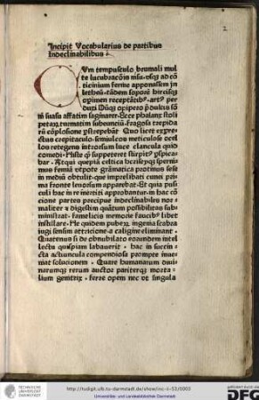 Incipit vocabularius de partibus indeclinabilibus.