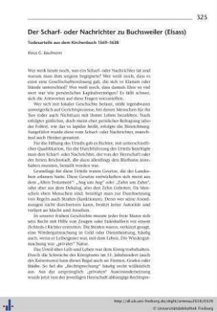 Der Scharf- oder Nachrichter zu Buchsweiler (Elsass). Todesurteile aus dem Kirchenbuch 1569–1638.