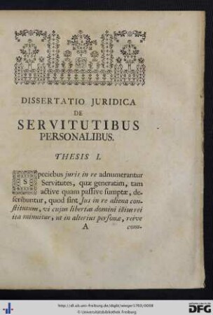 Dissertatio Juridica de Servitutibus Personalibus. Thes. I-XV.