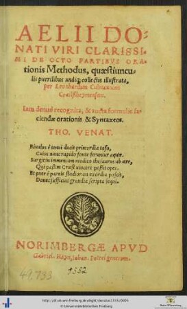 AELII DONATI VIRI CLARISSIMI DE OCTO PARTIBVS Orationis Methodus, quaestiunculis puerilibus undique collectis illustrata, per Leonhardum Culmannum Crailßheymensem. Iam denuò recognita, & aucta formulis faciendae orationis & Syntaxeos