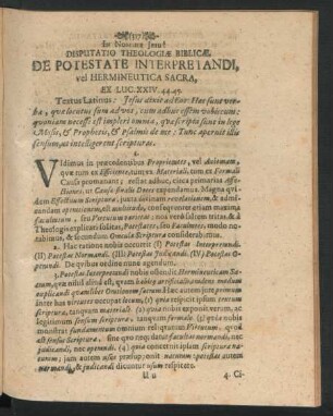 Disputatio Theologiae Biblicae, De Potestate Interpretandi, vel Hermineutica Sacra