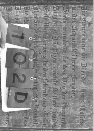 Grabstein 102 (Index: 100009452) Maße HxBxT: 248x63x25 cm Besonderheit: kulturhistorisch wertvoll / künstl.-formale Gründe (Inschrift): Grabstein 102D