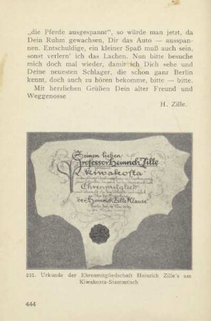 231. Urkunde der Ehrenmitgliedschaft Heinrich Zille's am Kiwakosta-Stammtisch