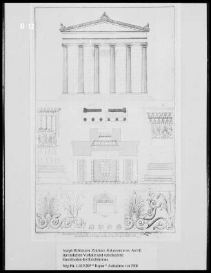 Erechtheion auf der Akropolis von Athen, rekonstruierter Aufriß der östlichen Vorhalle und verschiedene Einzelheiten
