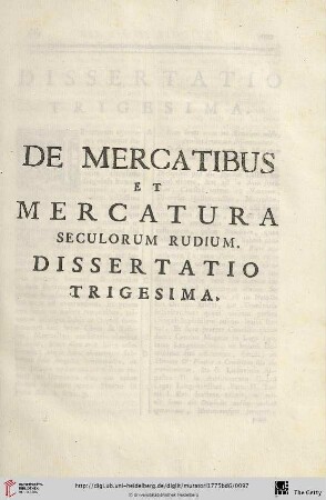 Dissertatio trigesima: De Mercatibus et Mercatura Seculorum rudium