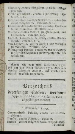 Verzeichnis dererjenigen Sachen, worinn Appellations-Processe erkannt, oder abgeschlagen worden.