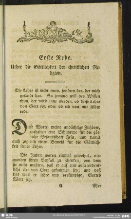 Erste Rede. Ueber die Göttlichkeit der christlichen Religion