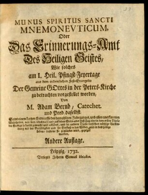 Munus Spiritus Sancti Mnemonevticvm, Oder Das Erinnerungs-Amt Des Heiligen Geistes