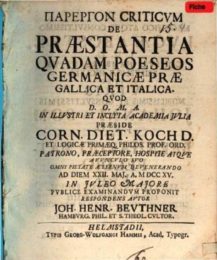 Parergon Criticum De Praestantia Quadam Poeseos Germanicae Prae Gallica Et Italica