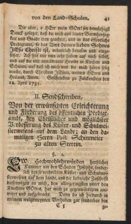 II. Sendschreiben, Von der erwünschten Erleichterung und Förderung des öffentlichen Predigtamts, ...