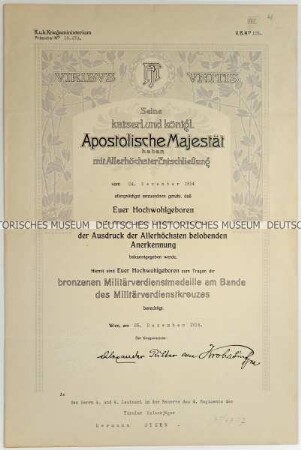 Verleihungsurkunde des österreichischen Kriegsministers zur bronzenen Militärverdienstmedaille am Bande für einen Leutnant der Reserve