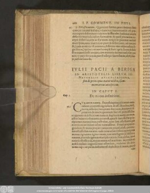 Iulii Pacii A Beriga In Aristotelis Librum III. Naturalis Auscultationis, seu de principiis naturalibus, Commentarius analyticus.