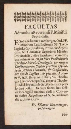 Facultas Admodum Reverendi P. Ministri Provincialis