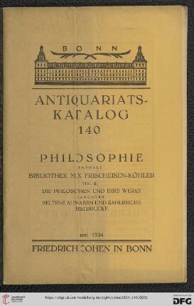 Nr. 140: Antiquariatskatalog / Friedrich Cohen, Buchhandlung und Antiquariat