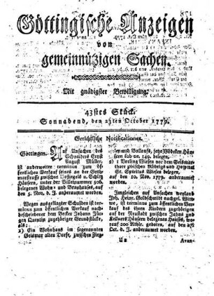 43tes Stück. Sonnabend, den 23ten October 1779.