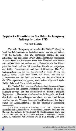 Ungedruckte Aktenstücke zur Geschichte der Belagerung Freiburgs im Jahr 1713.