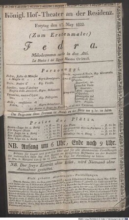 Fedra : Melodramma serio in due Atti ; Königl. Hoftheater an der Residenz ; Freytag den 17. May 1822