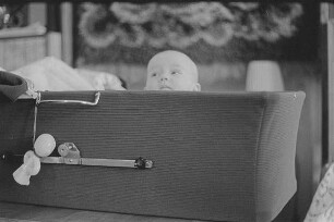 Höfgen. Akt-Pleinair 1979. Säugling in einem Kinderwagen