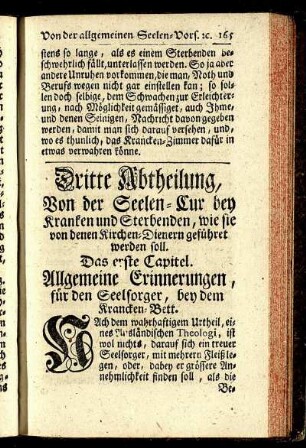 Dritte Abtheilung, Von der Seelen-Cur bey Kranken und Sterbenden, wie sie von denen Kirchen-Dienern geführet werden soll.