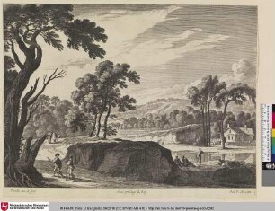[Landschaft mit Wanderern und einige Personen die an einem Flussufer sitzen]