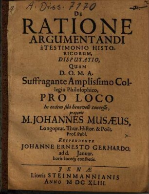 De Ratione Argumentandi a Testimonio Historicorum, Disputatio