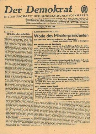 "Der Demokrat - Mitteilungsblatt der Demokratischen Volkspartei" Nr. 2 mit Artikel von Theodor Heuß: "Württemberg-Baden"