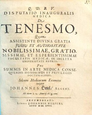 Disputatio Inauguralis Medica De Tenesmo