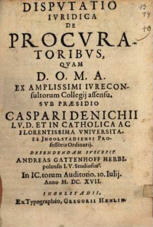 Dispvtatio Ivridica De Procvratoribvs