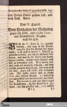 Das IX. Capitel. Vom Verhalten der Gesunden gegen sich selbst, oder etliche Diæt- und Gesundheits-Reguln, nach der Cur.