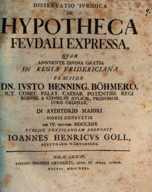 Dissertatio Ivridica De Hypotheca Fevdali Expressa