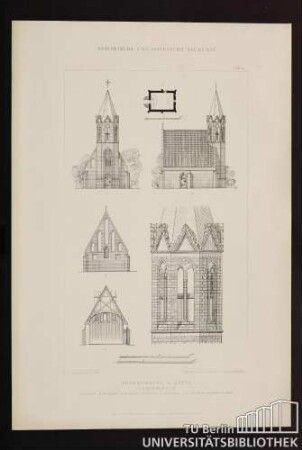 Brandenburg a. Havel S. Jakobskapelle A Grundriss. B Westansicht. C Nordansicht. D Ostansicht. E Querschnitt. F Ansicht der Glockenstube von Süden