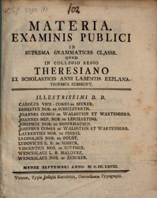Materia examinis publici in suprema grammatices classe, quod in Collegio Regio Theresiano subibunt