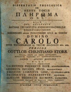 Dissertatio Theologica De Sensv Vocis Plērōma In N. T.