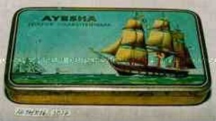 Blechdose für 50g? Tabak "AYESHA FEINSTER CIGARETTENTABAK" (Abbildung: drei Segelschiffe auf dem Meer)
