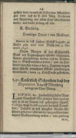 §. 12. Kaiserlich Schreiben daß der Deputation Tag uff Nürnberg verlegt, an Chur-Maintz