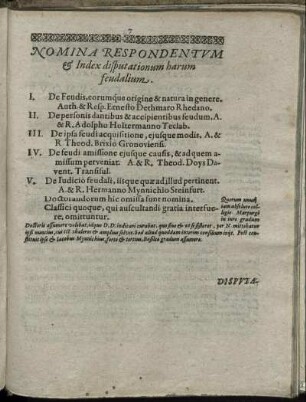 Nomina Respondentum & Index disputationum harum feudalium.