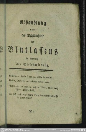 Abhandlung von der Schädlichkeit des Blutlassens in Ansehung der Seelenwirkung