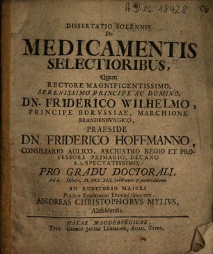 Dissertatio Solennis De Medicamentis Selectioribus