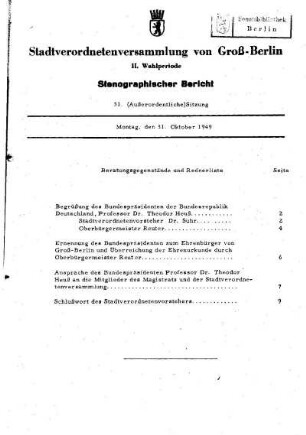 Nr. 31, 31. Oktober 1949, Außerordentliche Sitzung