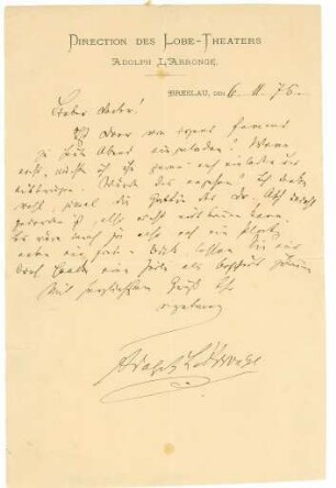 Korrespondenz von Adolph L'Arronge an Unbekannt