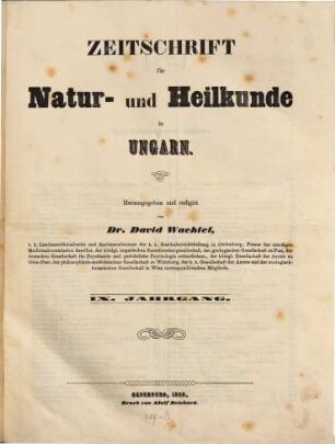 Zeitschrift für Natur- und Heilkunde in Ungarn. 9. 1858