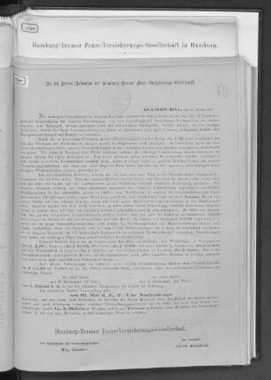 An die Herren Actionaire der Hamburg-Bremer Feuer-Versicherungs-Gesellschaft.