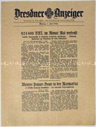 Nachrichtenblatt "Dresdner Anzeiger" mit Meldungen des Oberkommandos der Wehrmacht und des italienischen Oberkommandos u.a. zu Luftangriffen in Nordafrika