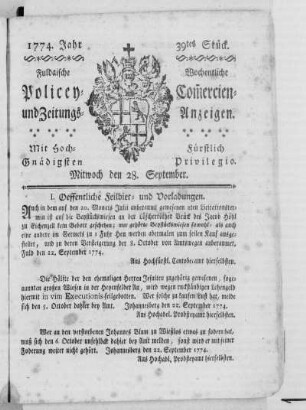 39tes Stück., Ausgabe vom 28. September 1774
