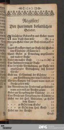 Register/ Der hierinnen befindlichen Gebeter.