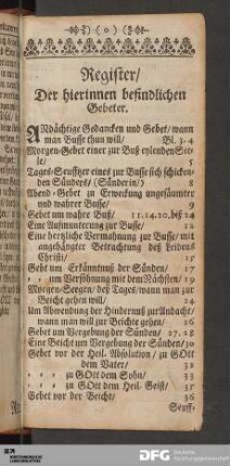 Register/ Der hierinnen befindlichen Gebeter.