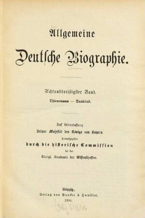 Allgemeine Deutsche Biographie, 38. Thienemann - Tunicius