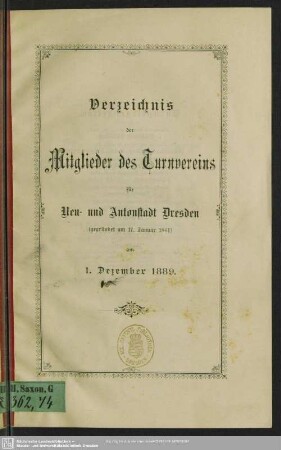 1889: Verzeichnis der Mitglieder des Turnvereins für Neu- und Antonstadt-Dresden : nach dem Stande vom ...