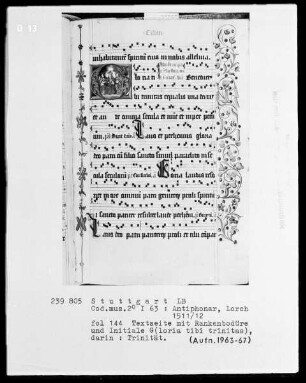 Antiphonarium (Benediktinerhandschrift) — Initiale G (loria tibi trinitas) mit Trinitätsdarstellung, Folio 144recto